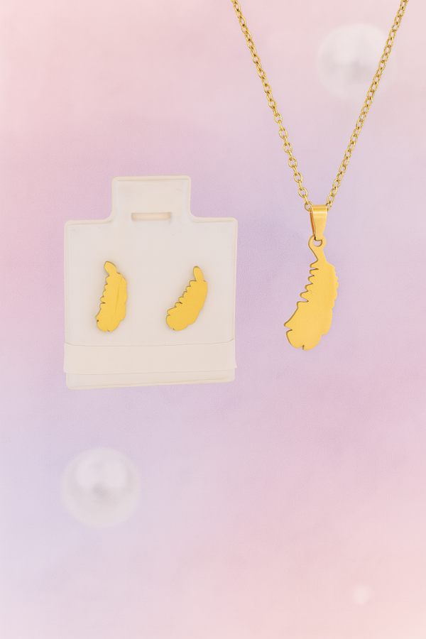 Duo Pluma Dorada - Aretes y Collar