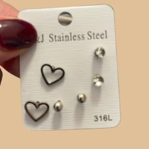 Set 3 Aretes Plata Corazón