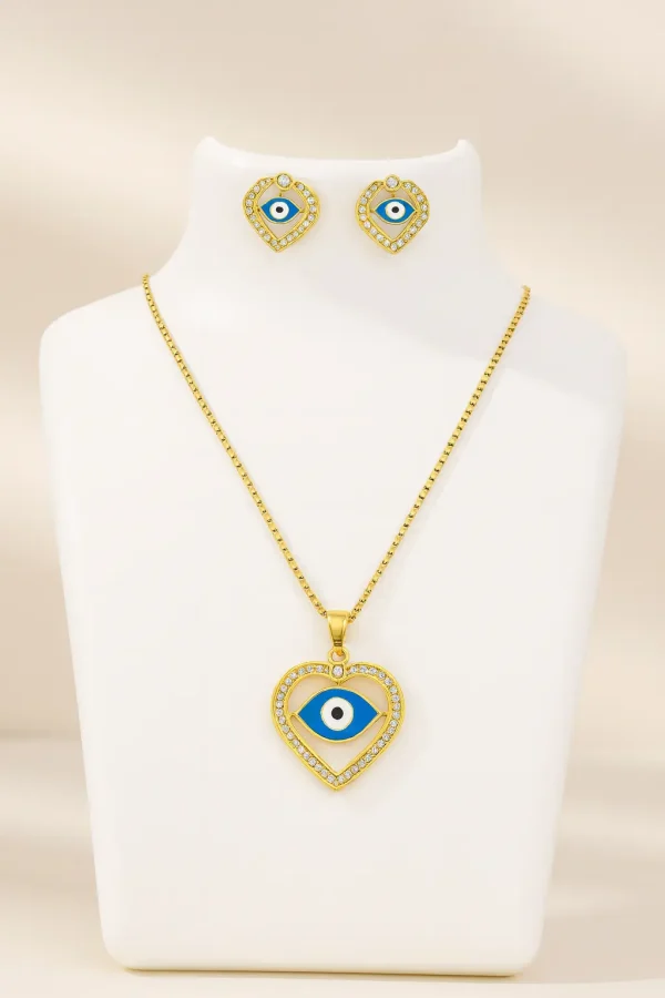 Set Collar Ojo Turco Corazón + Aretes